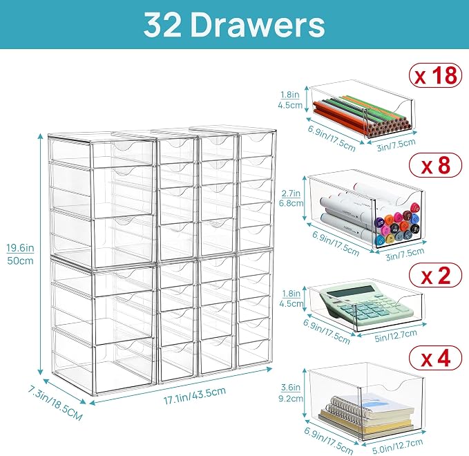 Vtopmart Acrylic Desk Organizer with 32 Drawers for Office, Makeup, Crafts | Clear Storage Drawers for Office Supplies, Desktop Organization for Makeup, Jewelry, Art Crafts, Bead, Pen, Stationary