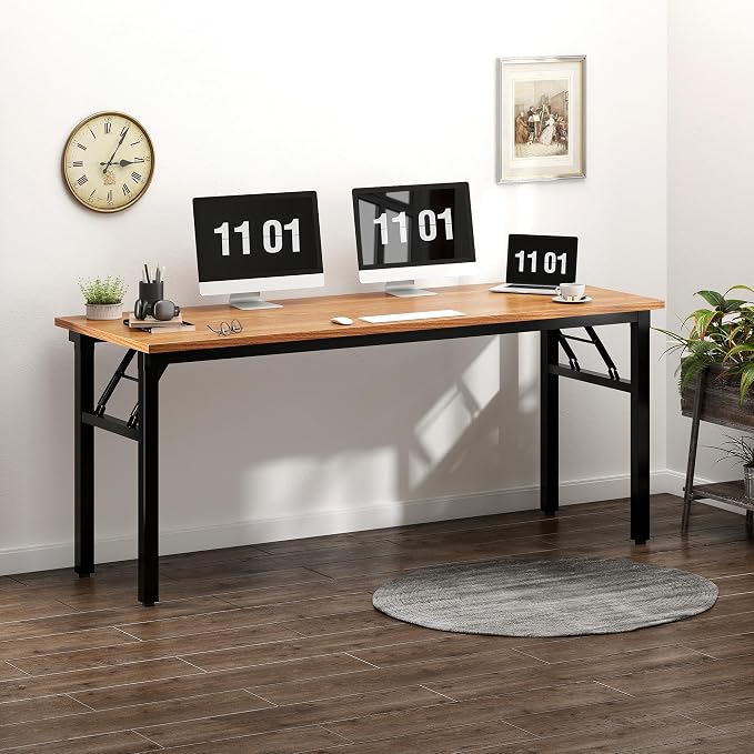 SogesHome Large Folding Computer Desk 62 Inch, No Assembly Home Office Desk, Space Saving Foldable Writing Table with Adjustable Leg Pads, Compact Workstation for Apartment Dorm Study, Teak Black