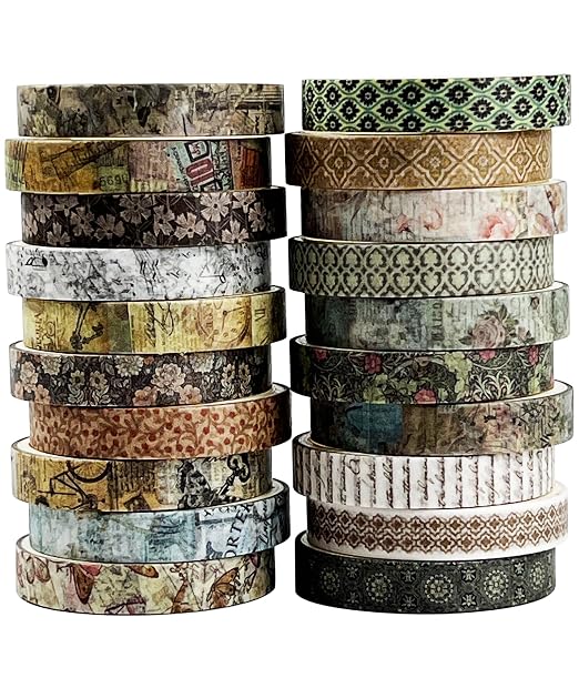 Retro Skinny Washi Tape Set 20 Rolls- Antique Patterns Masking Thin Basic Decorative Tapes for Arts, DIY Crafts, Bullet Journal, Planners, Scrapbook Decor, Gift Wrapping, Junk Journal