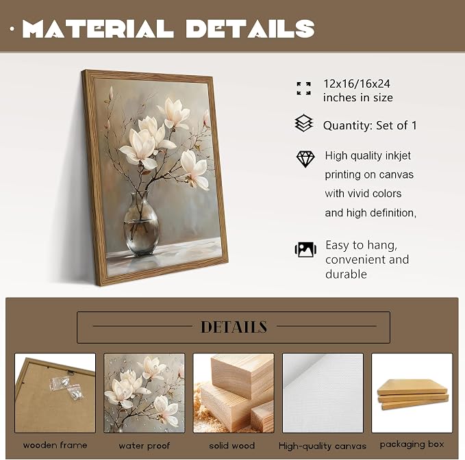 Framed Flower Canvas Wall Art, White Magnolia Branch in Vase Poster Prints, Elegant Nature Still Life Botanical Artwork, Modern Minimalist Wall Decor for Living Room Bedroom Bathroom 16x24in