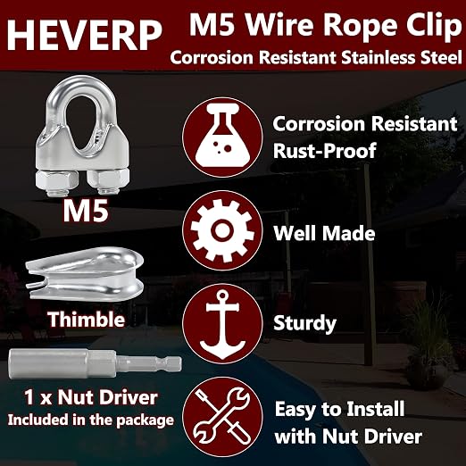12PCS 3/16-1/4 Inches M5 Stainless Steel Wire Rope Clips,6PCS Thimbles | Corrosion resistant,antirust,easy to install with 1 nut driver