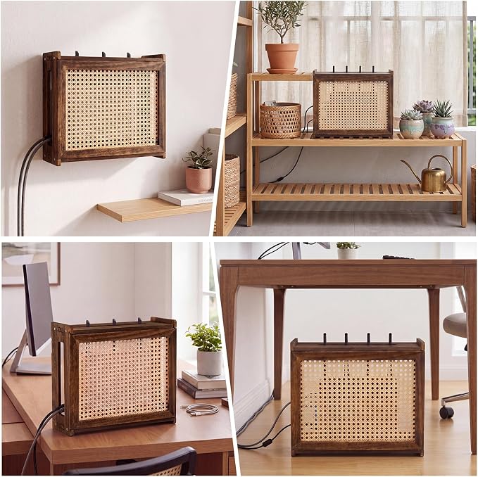 Wi-Fi Router Box Hider, Wi-Fi Router Storage Box with Synthetic Rattan Decor, Modem Cable Cover Organized, Power Strip Cable Hider Rack(Dark Wood Color,15.8 x 5.5 x 13.4 Inches,Wood)
