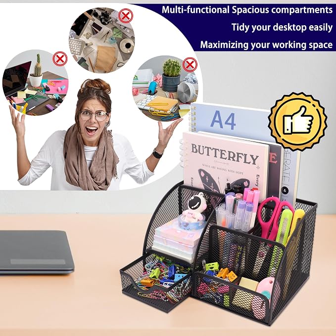 Boutilon Mesh Desk Organizer Desktop Office Supplies Stationary Organizer with 6 Compartments and 1 Drawer Multi-Functional Caddy Pen Holder for Home Office School Desk Decor(Black)