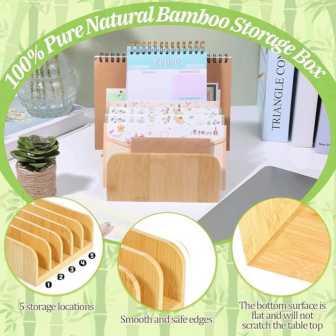 Bamboo Mail Desk Organizer, 5 Slots Bamboo File Mail Holder Organizer, Vertical Countertop Organizers Holder for Home, Office, Magazine, Book Envelope, Paper, Bill