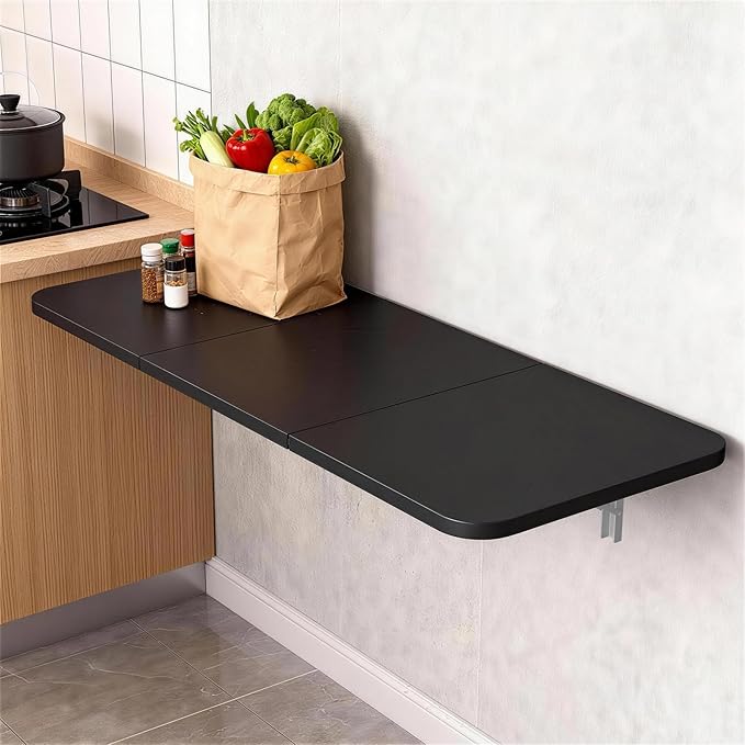 Wall Mounted Folding Desk 35.4” x 15.7”, Drop Down Table with Metal Collapsible Brackets, Folding Wall Table for Small Spaces, Home, Office, Kitchen, Laundry Room-Black