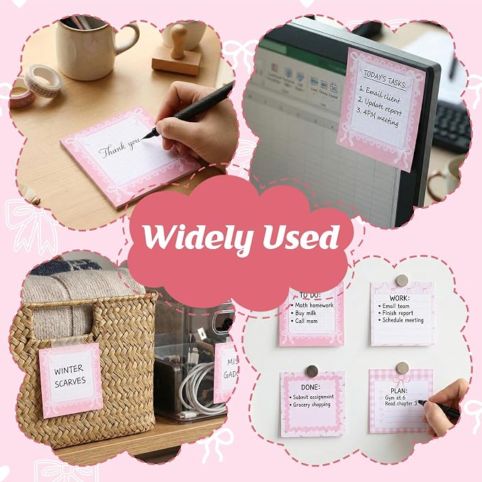 12 Pcs Coquette Bow Sticky Notes, 3x3 Inch Pink Note Pads Set | pink ribbon bow sticky notes. Self-stick adhesive pads perfect for school, office, journaling, and daily planning
