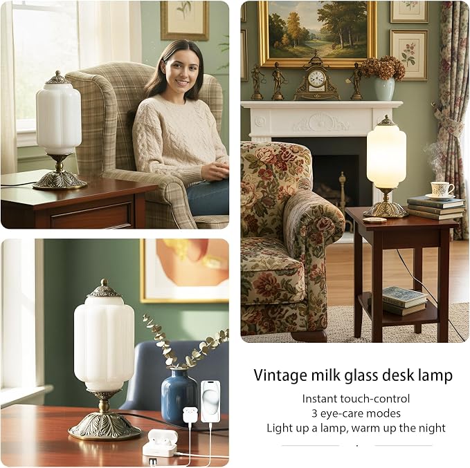Vintage Touch Bedside Table Lamp, Elegant Green Glass Bedside Desk Lamp 3 Way Dimmable with USB C+A Charging Ports - Bedroom Nightstand & Living Room Essential (Vintage White, 6.5)