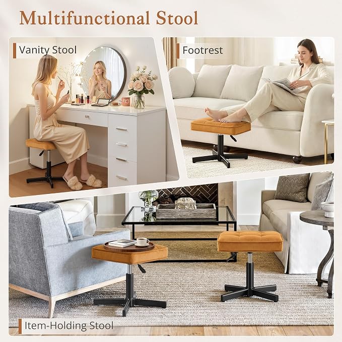 LUE BONA Adjustable Vanity Stool, 15''-19.5'' Foot Rest Under Desk, 360° Swivel Vanity Chair for Makeup Room, Ginger Yellow Upholstered Suede Ottoman for Bathroom & Living Room, 300lbs