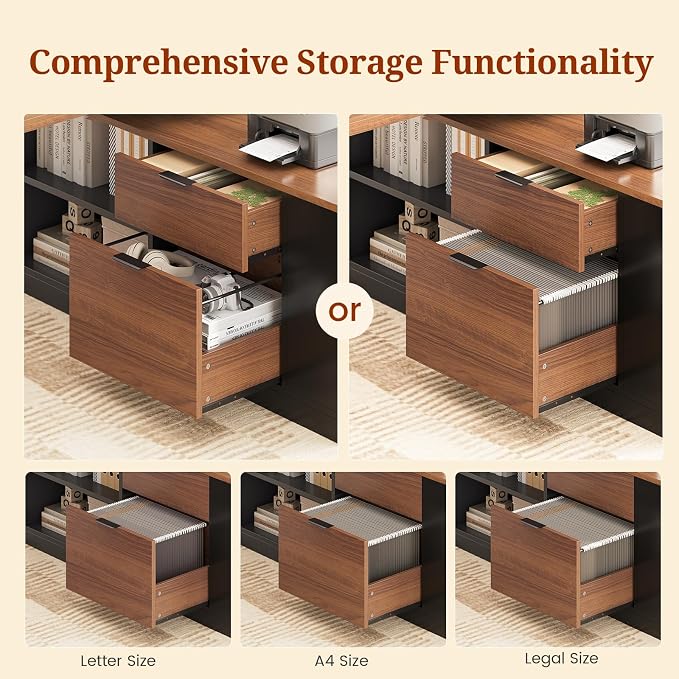 UPOSOJA L Shaped Standing Desk Adjustable Height, 53" Electric Office Desk with File Drawers & Storage Shelves, Sit Stand Corner Computer Desk with Power Outlets, Pegboard, 6 Hooks, Black & Walnut