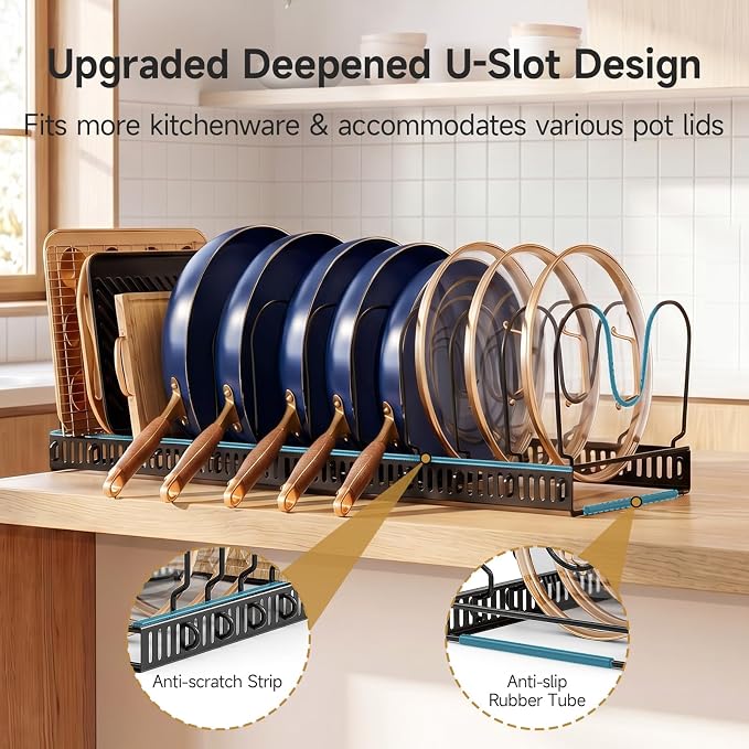 MUDEELA Pot Lid Organizer for Cabinet, Expandable Baking Pan Rack 12 Slots | 11.8–22.9" Expandable, 12 Adjustable Divider, Tool-Free Assembly, Non-Slip, Scratch-Proof, For Pan Lid Cutting Board Bakeware