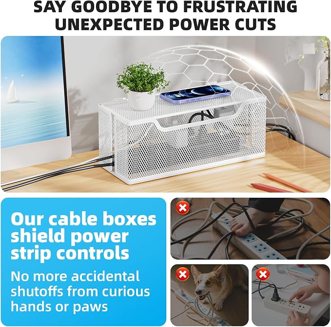 3 Pack Cable Management Box, Metal Mesh Cord Organizer Box for TV Wires, Electrical Hiding, Power Strip – Under Desk Cable Storage Box with Cable Clips&Reusable Cable Ties for HomeOffice - White