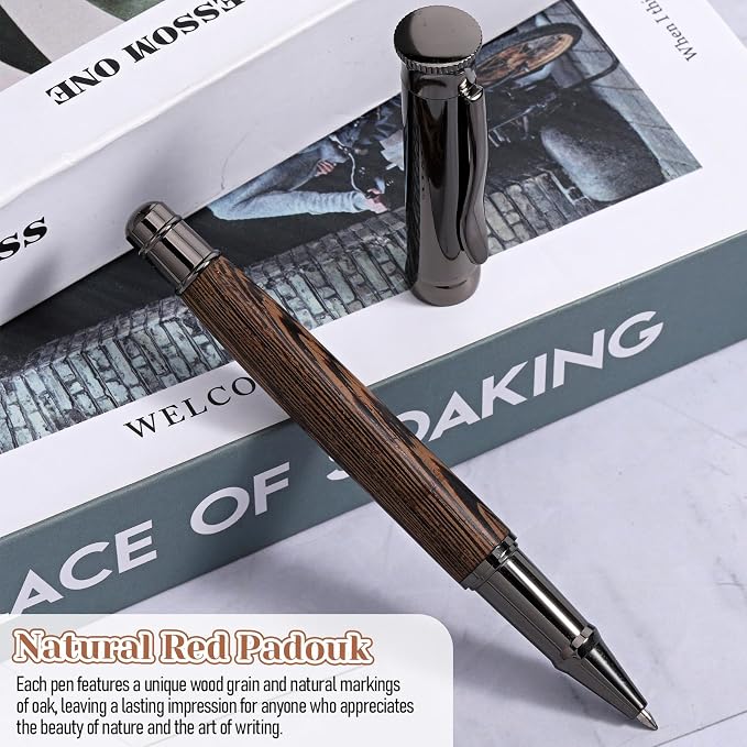 ElevateTech Wood Rollerball Pen Set with 2 Ink Black Refills | Fancy Writing Pen Luxury Executive Writing Instrument Office, Birthday Gift for Women & Men Cool Wooden Pens, Brown