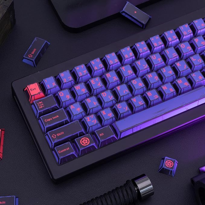 Purple Japanese PBT Custom Keycaps, 130 Keys Black Purple Manga Key Caps, Cherry Profile Dye Sublimation Keyboard Keycap Set for Cherry MX Gateron Kailh Switches Mechanical Keyboard
