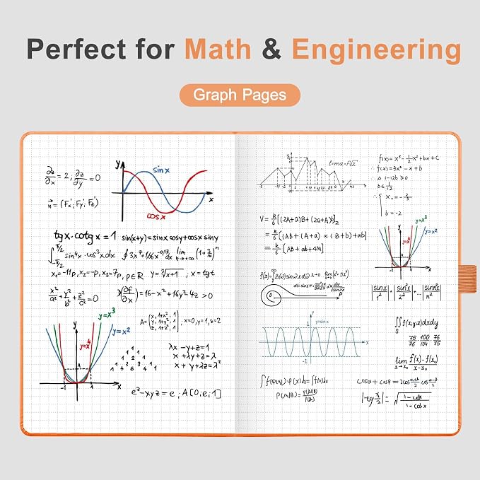AHGXG Graph Grid Paper Notebook, 160 Pages, A5 Medium Size (5.7'' x 8.3''), 120 GSM Thick Paper, Leather Hardcover, for School, Students, Math, Engineering (Orange)