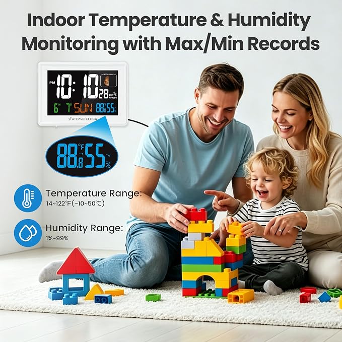 Digital Atomic Alarm Clocks for Bedrooms Battery Backup | Color Display, Self-Setting Clock, Auto DST, Indoor Temperature Humidity, Moon Phase, Calendar, Time, Day of Week, White