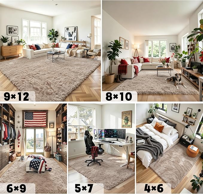 Area Rugs 9x12 Living Room,Large Area Rug Shaggy Carpet Soft Plush Furry Bedside Rug, Machine Washable Area Rugs for Bedroom Home Decor Non-Slip(9 x 12, Beige)