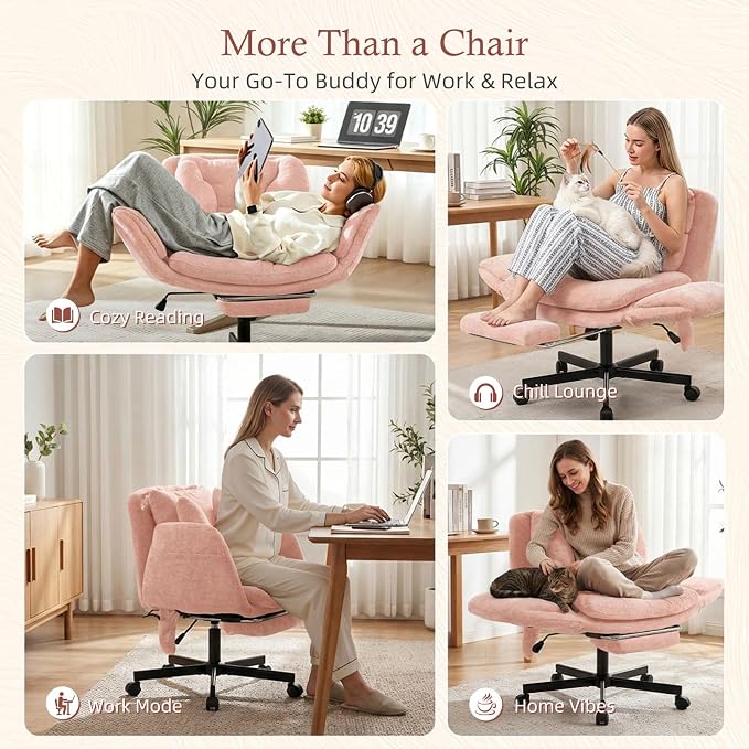 Criss Cross Office Chair with Footrest and 5-Gear Adjustable Arms, Pink | Wide seat cross-legged desk chair, flip lumbar pillow, airbag support, linen fabric, for home office, vanity and meditation