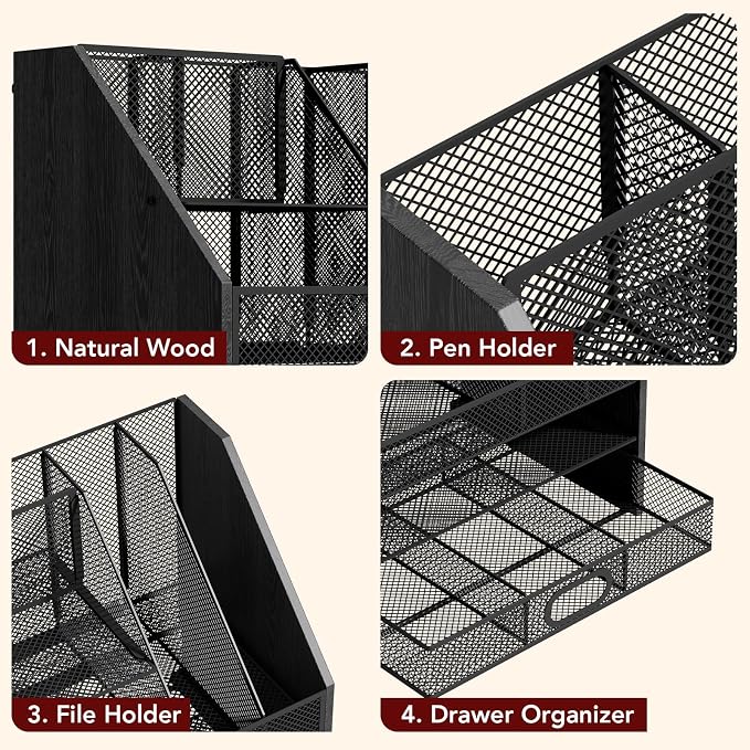 Homsorout Wooden Desk Organizer - Mesh File Organizer with Drawers and Pen Holder - 4-Tier Vertical Paper Letter Storage Tray, Desktop Organizers and Accessories for Home Office (Black