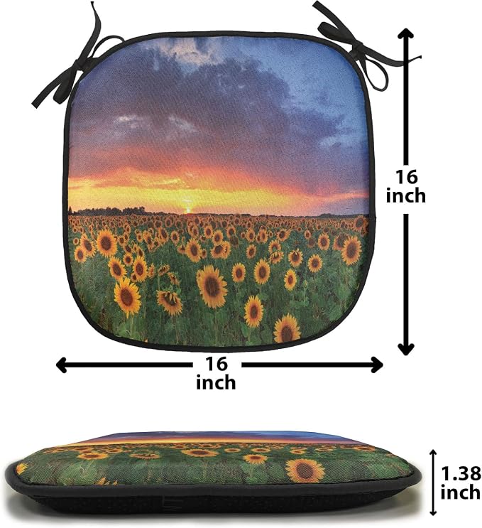 Lunarable Sunflower Chair Cushion Pads Set of 8, Field of Sunflowers Sunset Dramatic Sky Clouds Scenic Picture, Anti-Slip Seat Padding for Kitchen & Patio, 16"x16", Fern Green Sky Blue