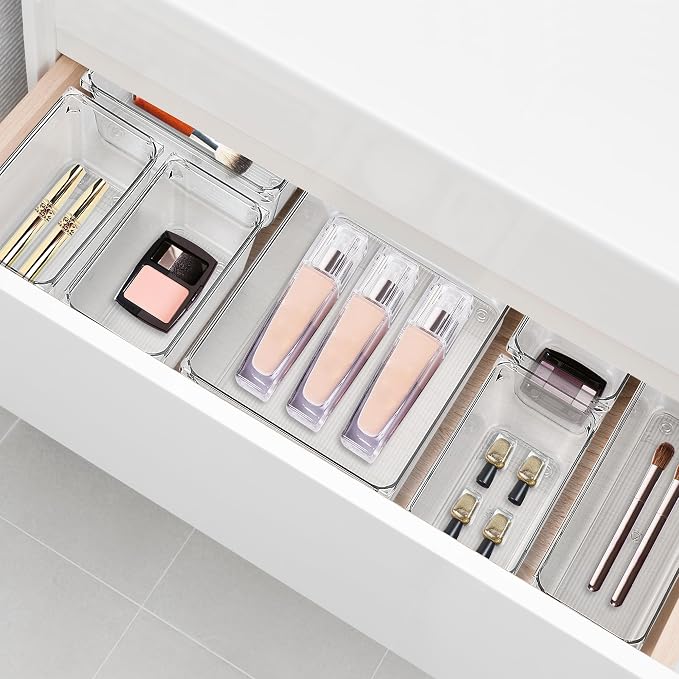 8 Pack Drawer Organizers, 6"X 9" Clear Acrylic Storage Bins | Acrylic Tray Design, Non-Slip Pads, Desk Storage Helper, For Makeup, Jewelry, Kitchen, Bathroom, Office Organization