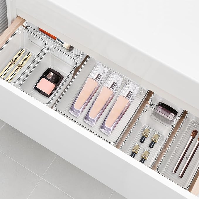 6 Pack Drawer Organizers, 3"X 3" Clear Acrylic Storage Bins | Acrylic Tray Design, Non-Slip Pads, Desk Storage Helper, For Makeup, Jewelry, Kitchen, Bathroom, Office Organization