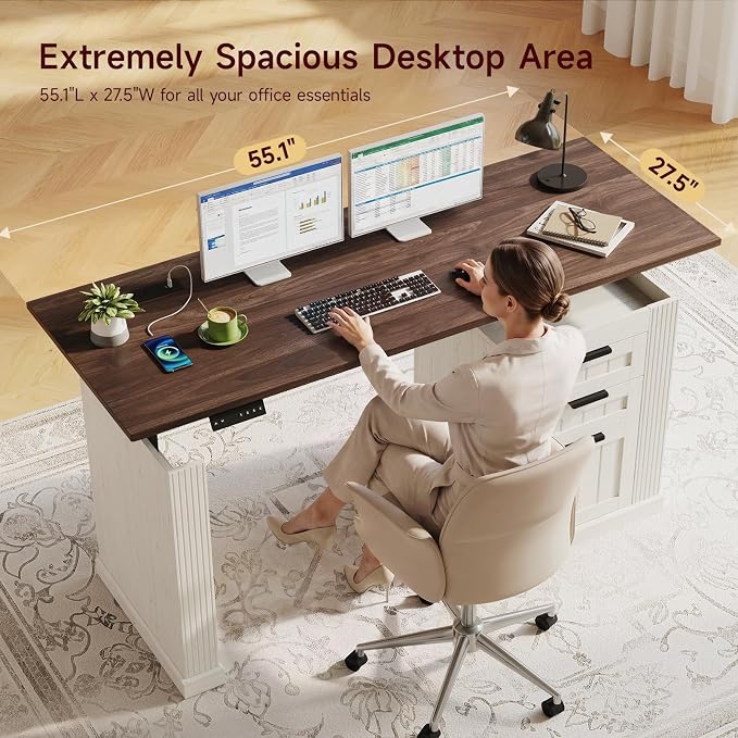 55" Electric Standing Desk with File Cabinet, Computer Desk Walnut&White | Height Adjustable Desk with 3 Drawers, Farmhouse Sit-stand Desks w/ Power Outlets, Home Office Stand up Desk for Work, Study