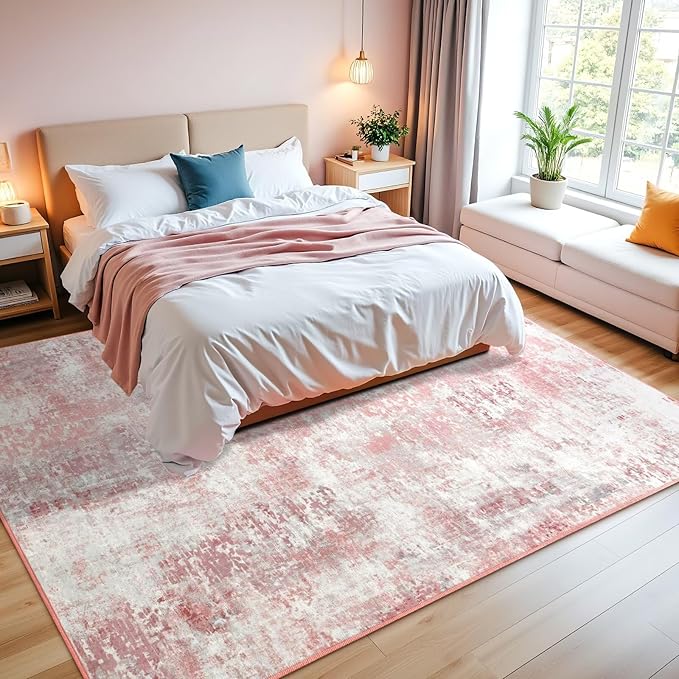 Macgace Washable Abstract Rug, 6x9 Modern Area Rugs with Non-Slip Rubber Backed for Living Room, Thin but Soft Contemporary Carpet Kitchen Bedroom Dining Room Decor, Pink