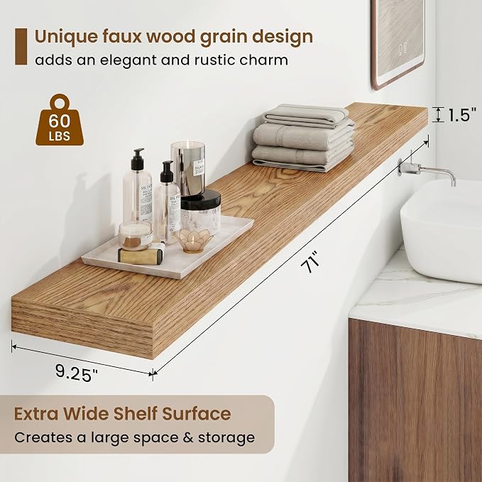 Marsmiles 72in Floating Shelves for Wall, 72" W x 9.25" D x 1.5" H, Long Wall Mounted Engineered Wood Shelves with Invisible Brackets for Living Room, Bedroom, Bathroom, Kitchen, Cedar