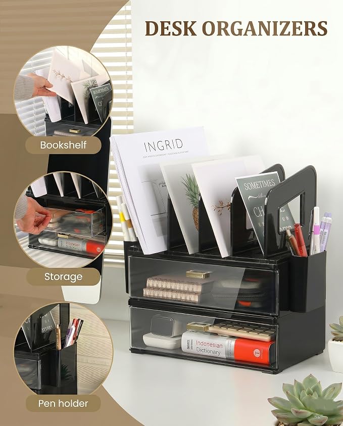 LALOBLUE Acrylic Desk Organizer with Drawer and Vertical File Holder, Desk Organizers and Accessories, Multi-Functional Office Supplies Organizer for Home or Work Desk, Black