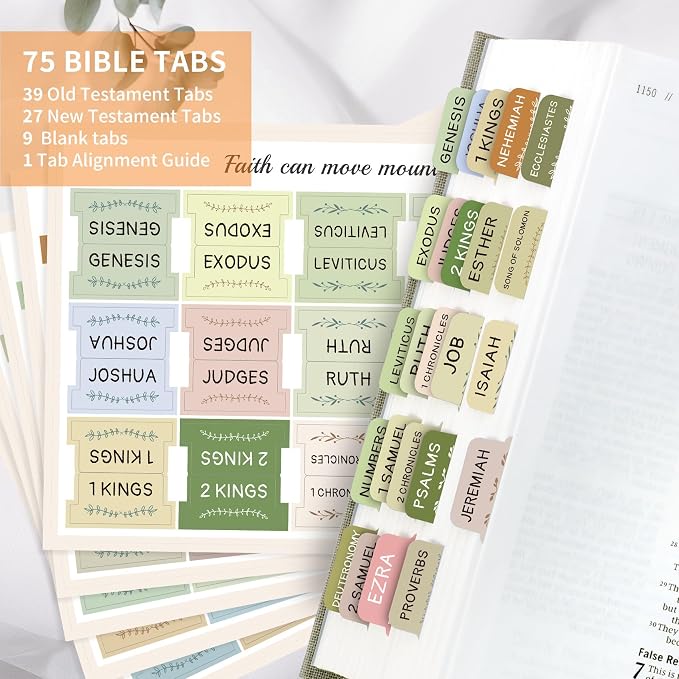 Bible Tabs for Women & Men, Bible Tab for Study Bible, Large Print Bible Tabs for Easy Navigation, Bible Index Tab, 66 Tabs Old & New Testament, Extra 9 Blank Tabs - Gentle Foliage