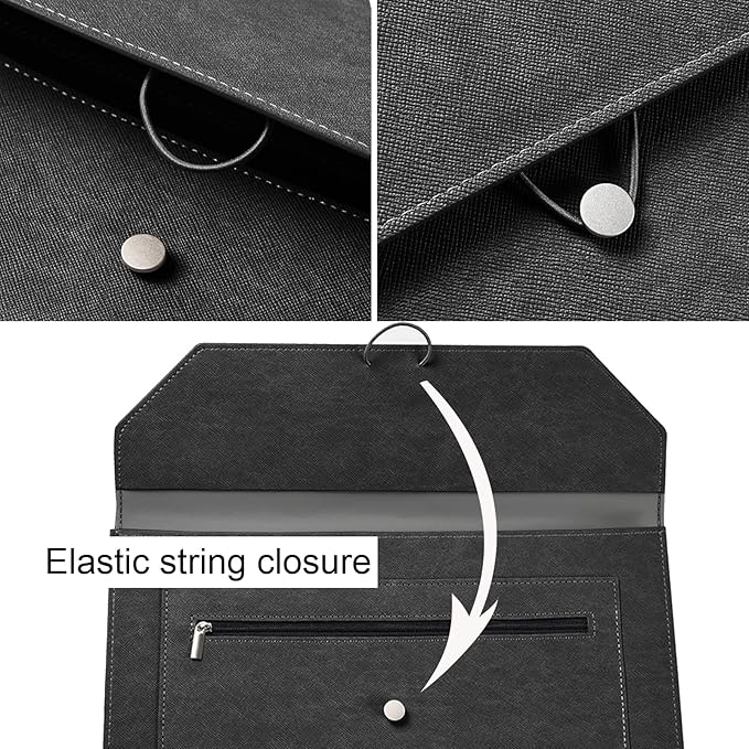 PU Leather A4 File Folder Document Holder 2 Pockets Portfolio Envelope Folder Case with Elastic String 3/4 Inch Expansion (Black)