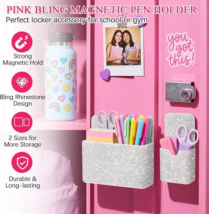 MotiMind 2 Pcs Bling Magnetic Marker Holder Women Girl Locker Accessories Marker Pen Pencil Holder for Refrigerator Whiteboard Sparkly Gift Desk Organizer for School Office(Rhinestone,White)