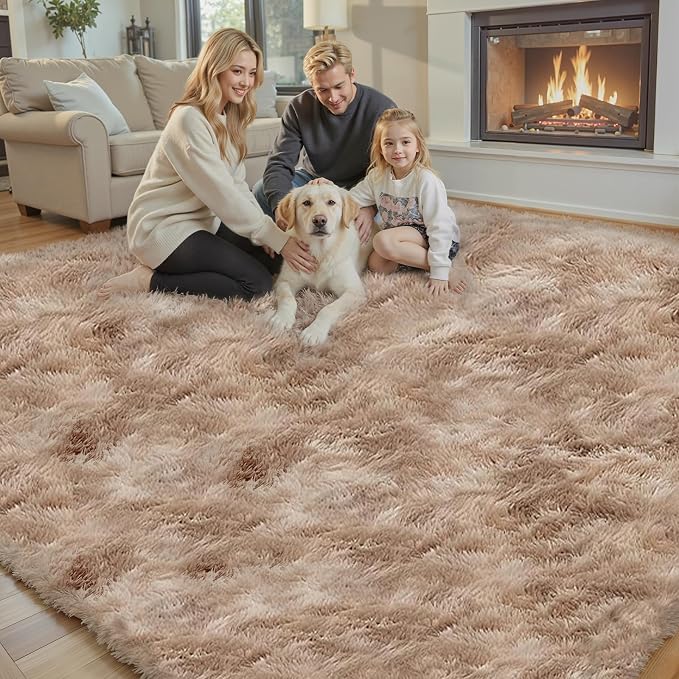 8x10 Area Rugs for Living Room Bedroom Rug, Large Area Rug Shag Shaggy Carpet Soft Plush Furry Bedside Rug, Rugs for Home Decor (Dark Beige Tie-Dyed, 8x10 Feet)