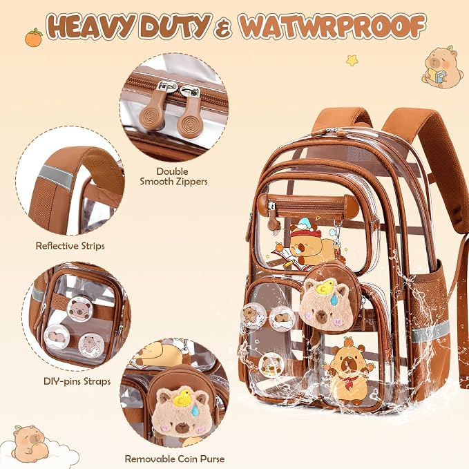Capybara Theme Clear Backpack,Heavy Duty Transparent Backpack for Girls with Lunch Box Pencil Case,See Through Bookbag for Kids Teens Elementary Middle High School Stadium Approved
