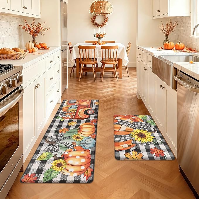 SHACOS Anti Fatigue Fall Kitchen Rugs Set of 2 Pumpkins and Sunflower | Waterproof Non Slip Cushioned Comfort Kitchen Floor Mats Harvest Autumn Black White Checkered Farmhouse Mat 17x27.5+17x47"