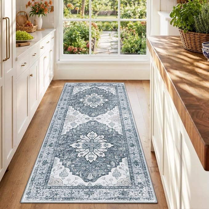 RELEANY Area Rugs Runner 2'x6' Washable Non-Slip, Floral Vintage Distress Medallion Carpet for Kitchen Hallway Bedroom Beside Laundry Room Bathroom, Light Gray Grey White
