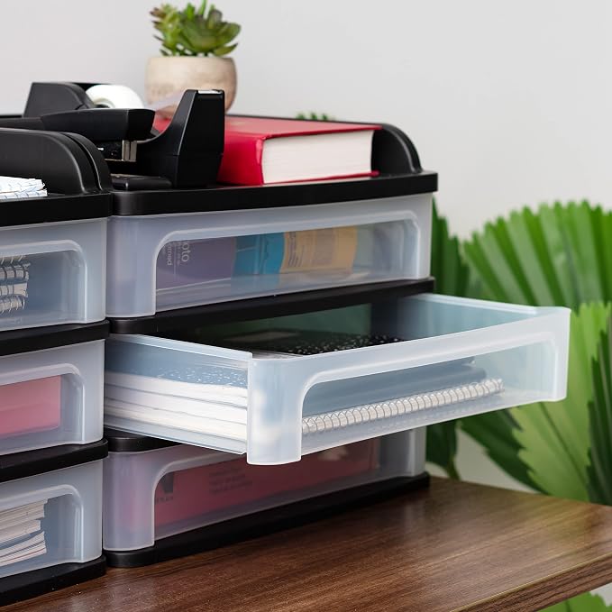 IRIS USA 3-Drawer Medium Desktop Organizer with Paper Tray, Black