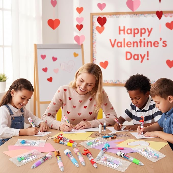 ANGOLIO Valentine's Day Gifts 28 Sets Cards with Cute Animal 4 in 1 Multicolor Ballpoint Pens for Kids Students School Classroom Office Valentines Exchange Gifts Party Favors Toddler Boys Girls Prizes