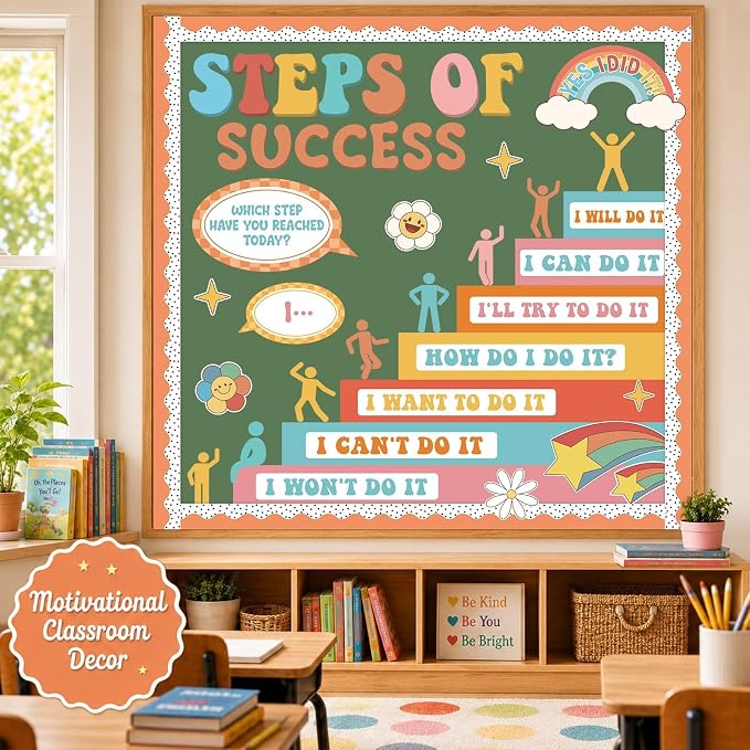 Motivational Bulletin Board Decorations Set Back to School Positive Classroom Decor Steps of Success Paper Cutouts Educational Sayings Accents for School Door Wall Chalkboard Decor Supplies (Groovy)