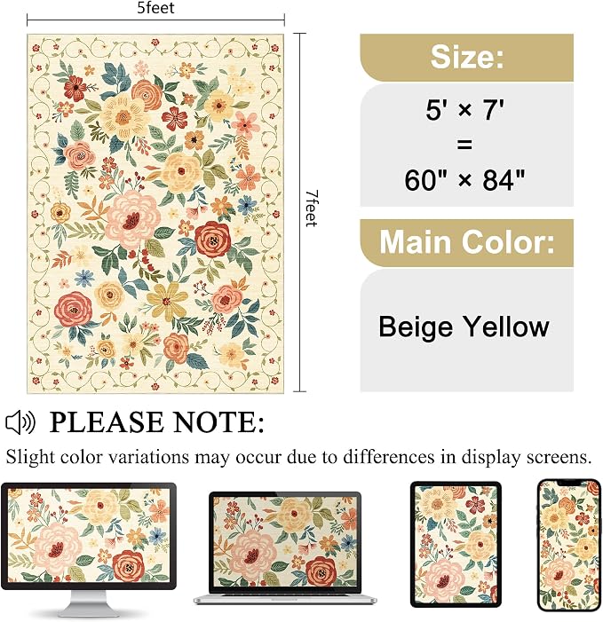 DUKINO 5x7 Area Rug, Floral Rugs for Living Room, Lightweight Non Slip Washable Rug, Indoor Low Pile & Non-Shedding Boho Design Rugs for Bedroom, Living Room, Dining Room, Beige Yellow