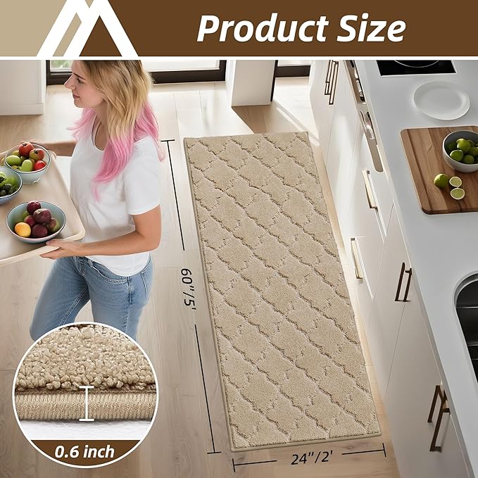 COSY HOMEER Kitchen Rugs 24"x60" Non-Slip Washable Kitchen Mats for Floor Absorbent Kitchen Carpet Soft Rugs for Kitchen,Sink Mat,Entrance,Area Rug,Warm Beige