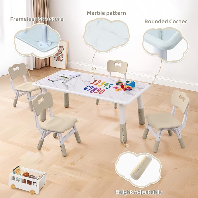 DOREROOM Toddler Table and 4 Chairs Set, Marble Top, No-Screw Legs, Natural | Graffiti Desktop, 47.2"L x 23.6"W, Frameless, Kids Ages 3-8, FSC-certified, Children Activity for Daycare, Classroom, Home