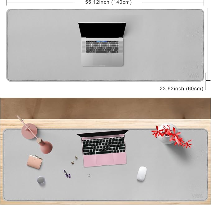 Vyaaa 55"x24"PU Leather Desk Mat, Large Desk Pad & Mouse Pad, Waterproof Office Desk Mat for Home Office, Gaming, Writing,Computer Desk Protector (Light Gray)