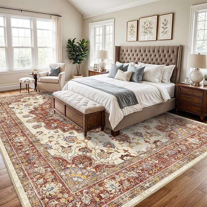 TOPRUUG Washable Oriental Area Rug - 10x14 Rugs for Living Room Soft Carpet for Bedroom Waterproof Floral Distressed Indoor Stain Resistant Non-Shedding Floor Carpets (Red, 10X14)
