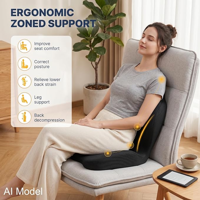 Ergonomic Memory Foam Seat Cushion with Back Support, Contoured for Office Chair, Car, Gaming, and Wheelchair, Breathable & Washable Cover, Black