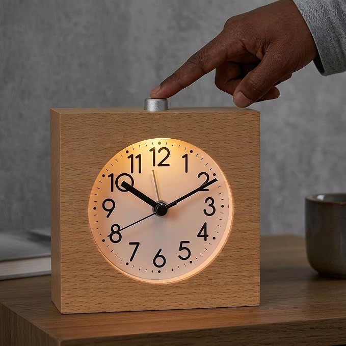 Wooden Alarm Clock Silent Battery Operated with Night Light Snooze | Non-Ticking Wood Body for Heavy Sleepers Bedroom Bedside Yellow