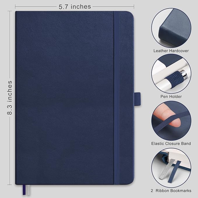 RETTACY Dotted Journal Notebook, 2-Pack, 160 Numbered Pages per Pack, A5 Medium Size (5.7'' x 8.3''), 120 GSM Thick Paper, Leather Hardcover, for Journaling, Planning, Tracking (Black & Navy Blue)