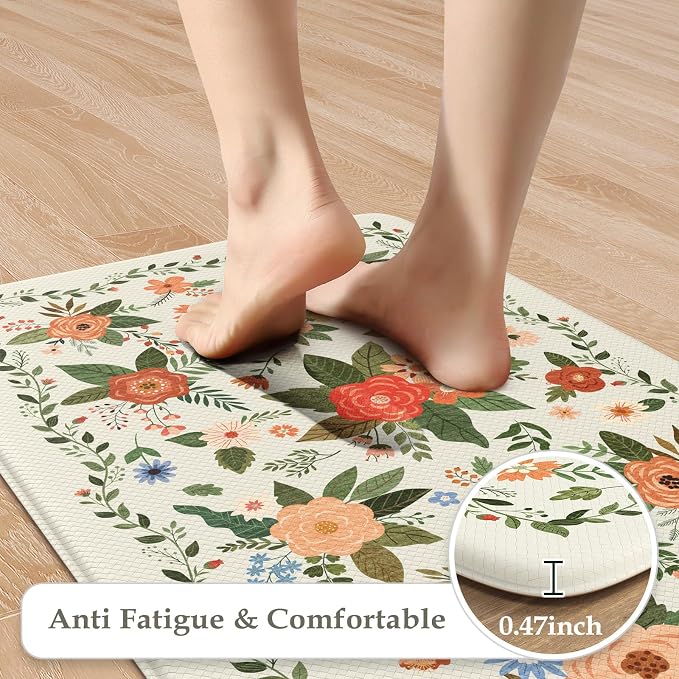 KIMODE Kitchen Mats for Floor Anti Fatigue, White Floral Rugs for Decor | Carpet for Kitchen Floor,Padded Kitchen Floor Mats,Cushioned Kitchen Mats for Floor 2 Piece for Laundry Sink 17"x47"+17"x29"