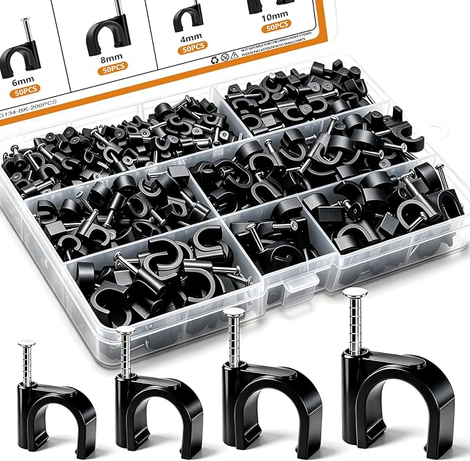 mankk 200PCS Cable Clips Nail in Cable Clips Black Wire Clips 4/6/8/10mm Round Ethernet Cables Wall Clips for Cords RG6 RG59 CAT5 CAT6 RJ45