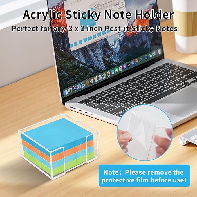 Acrylic Sticky Note Holder, 3 x 3 Inch Post It Note Holde | Clear Cute Post It Note Dispenser, Thick Notepad Holder, Acrylic Desk Organizer for Office, Home, Dorm, Classroom Desk